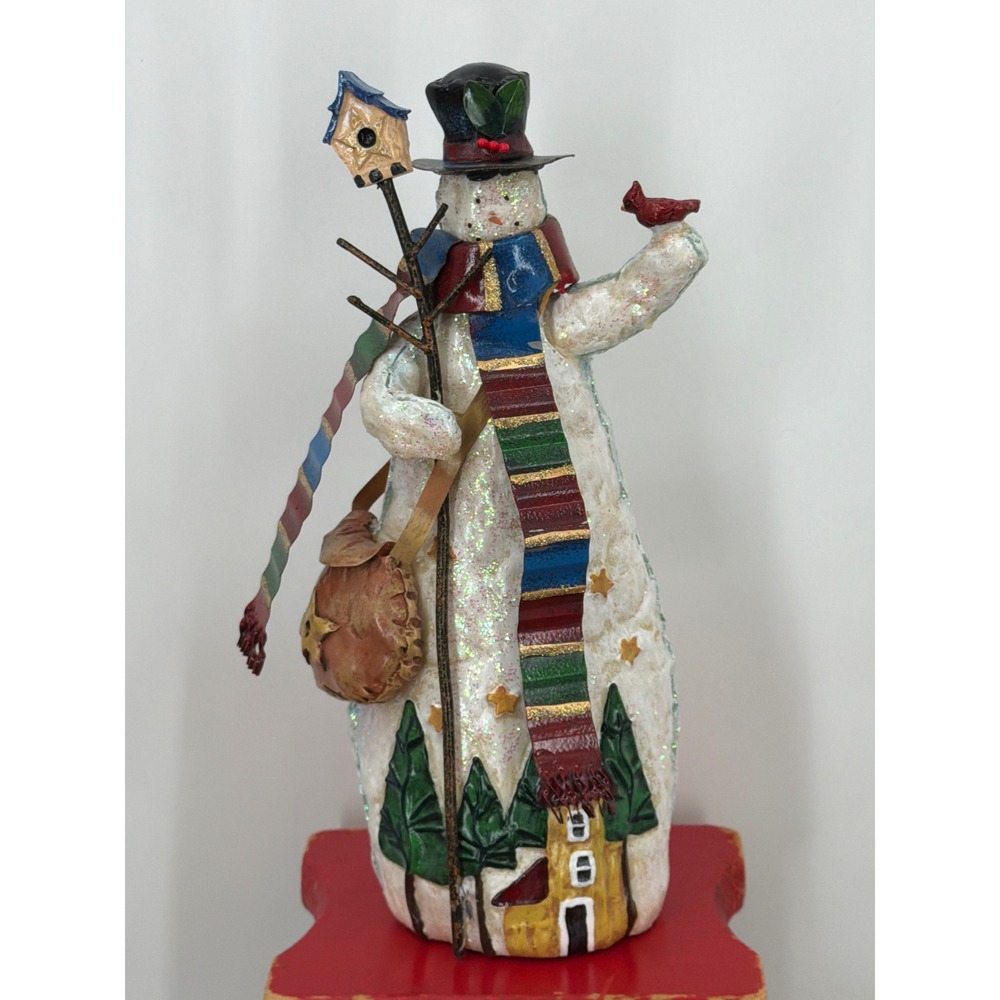 Vintage Grandeur Noel Glittered Snowman Figurine Birdhouse Cardinal Winter 9"